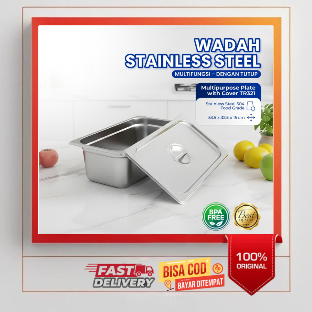 Wadah Stainless Steel Bertutup Wadah Sayur Tutup Wadah Makanan dan Lauk Stainless TR321