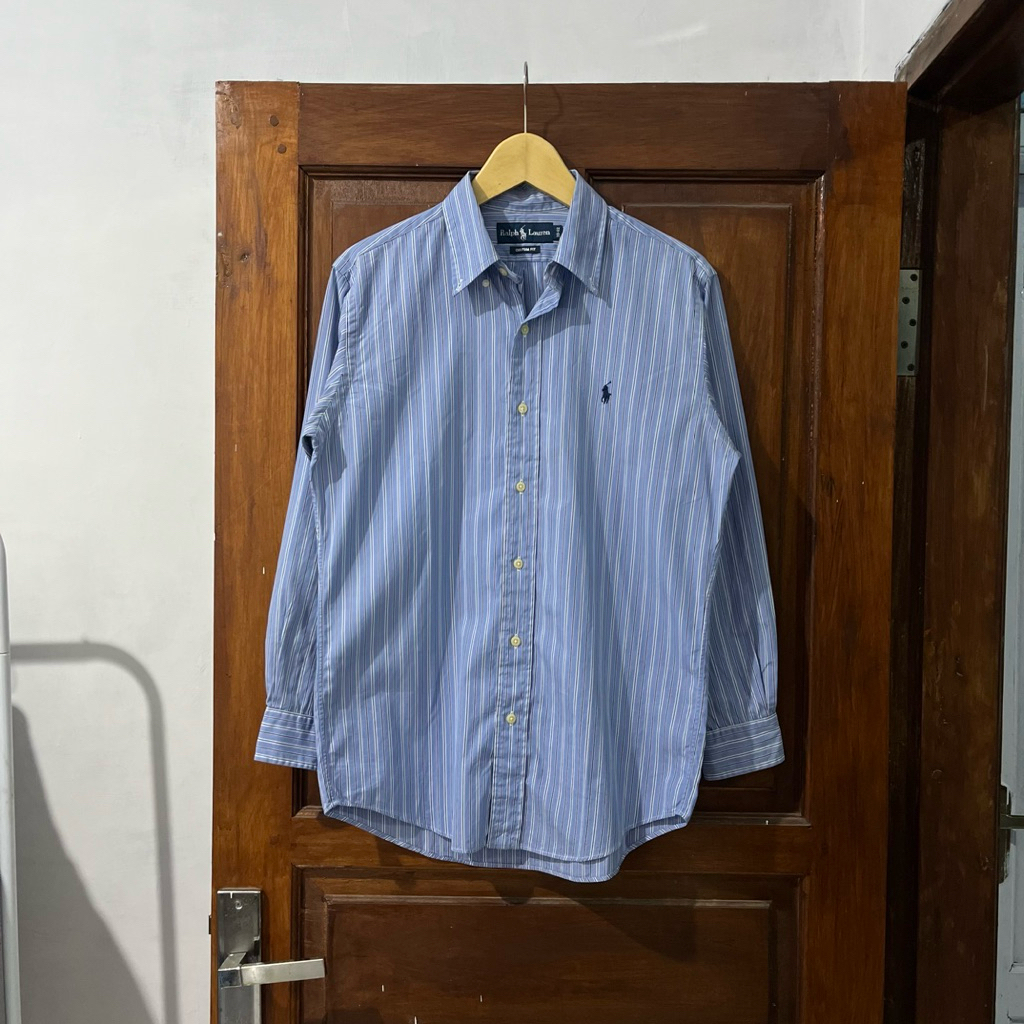 [M-L] Polo Ralph Lauren Stripped Cotton Shirt Long Sleeve I Blue White I Vintage Vtg Retro Kemeja Ga