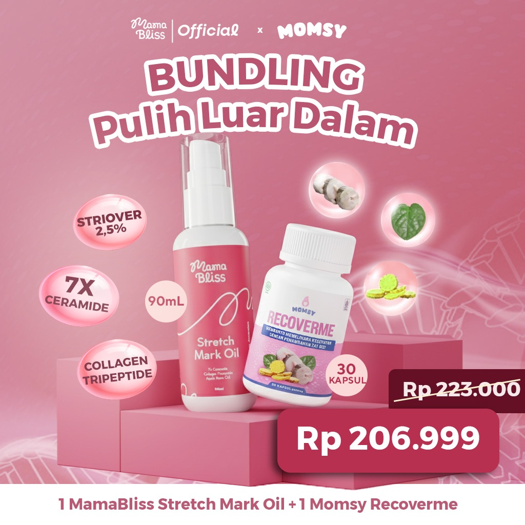 Bundle “Pulih Luar Dalam” MamaBliss Stretch Mark Oil 1 pcs + RECOVERME 30 kapsul - Memudarkan Stretc