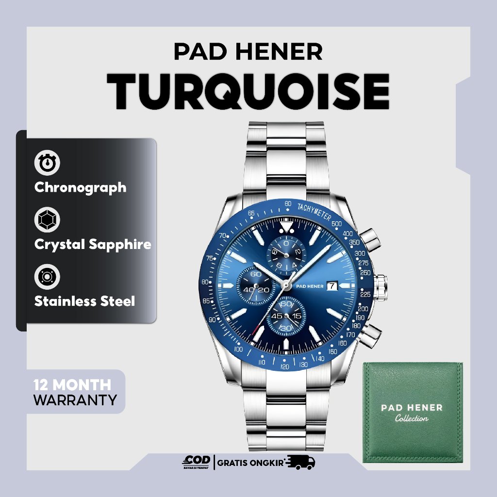 PAD HENER TURQUOISE Jam Tangan Pria Wanita Stainless Original Anti Air 42 mm COD