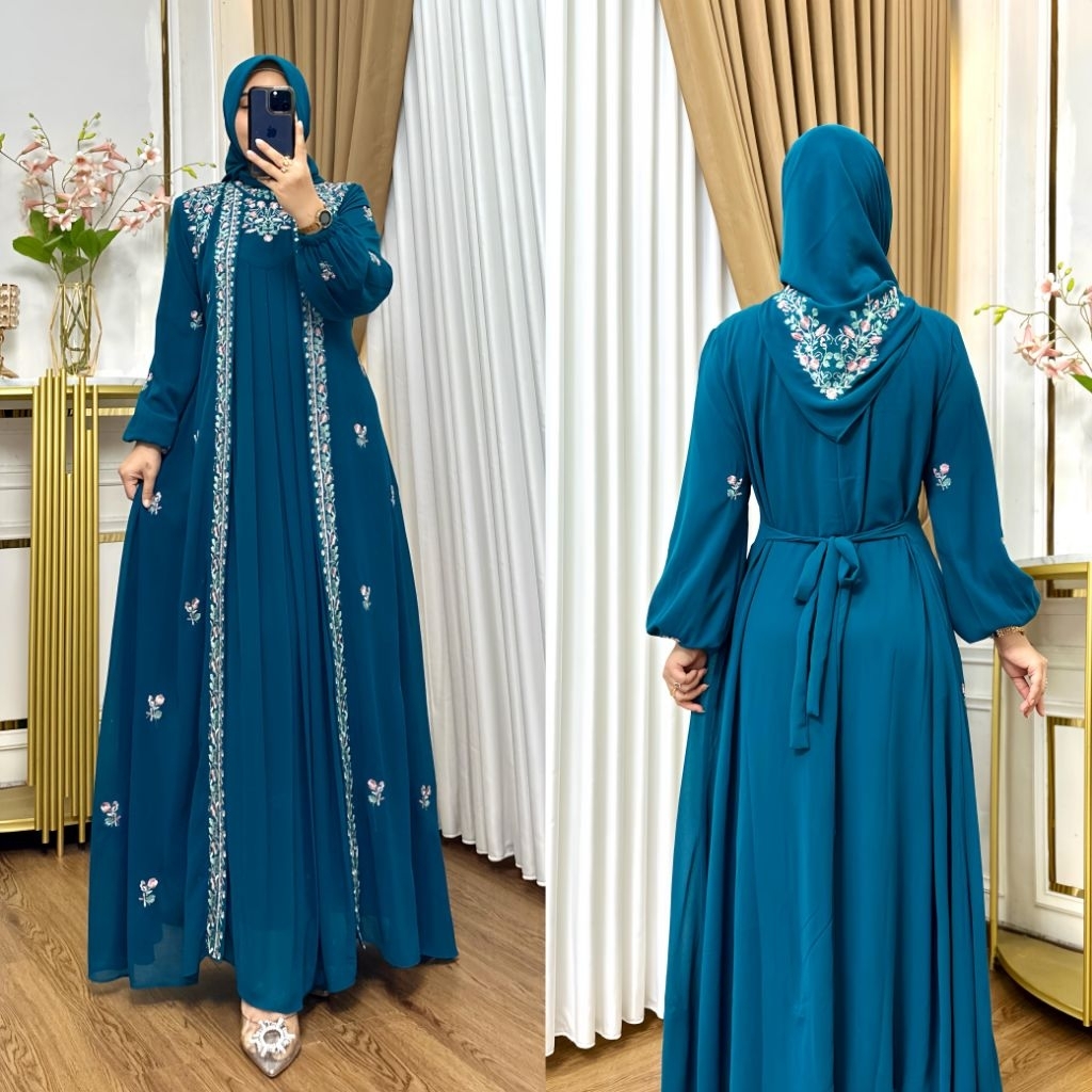 READY GAMIS MADINAH BORDIR SET HIJAB PREMIUM/GAMIS PESTA MOTIF BORDIR/GAMIS MEWAH PREMIUM