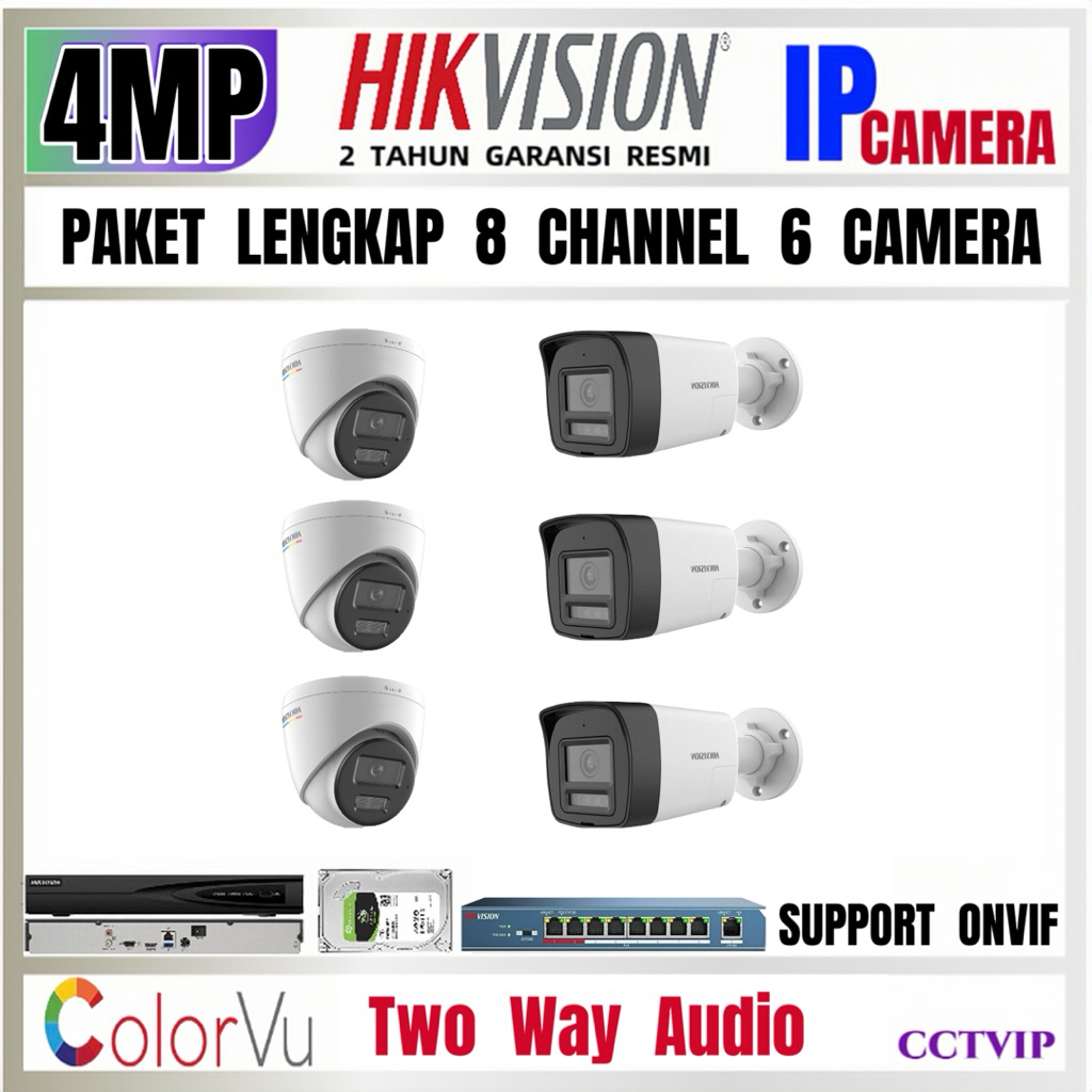 PAKET  KOMPLIT  6  KAMERA  IP  CCTV  HIKVISION  4MP  COLORVU  TWO  WAY  AUDIO