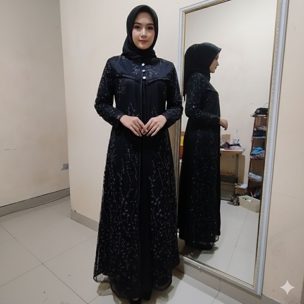gamis brokat premium mewah warna hitam