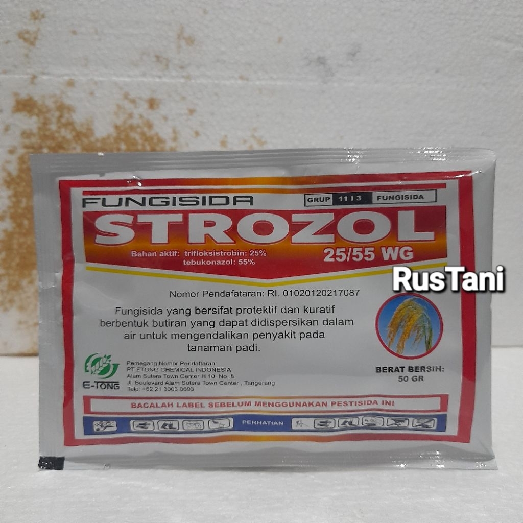 Fungisida protektif dan kuratif STROZOL 25/55WG 50Gr bahan aktif : Trifloksistrobin 25% + tebuconazo