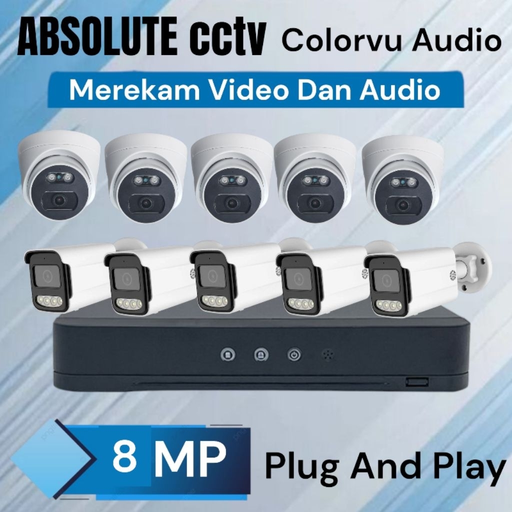 Paket Cctv 16ch 10 Camera 8mp 1080p Colorvu Audio Malam tetap Warna dan Rekam Suara
