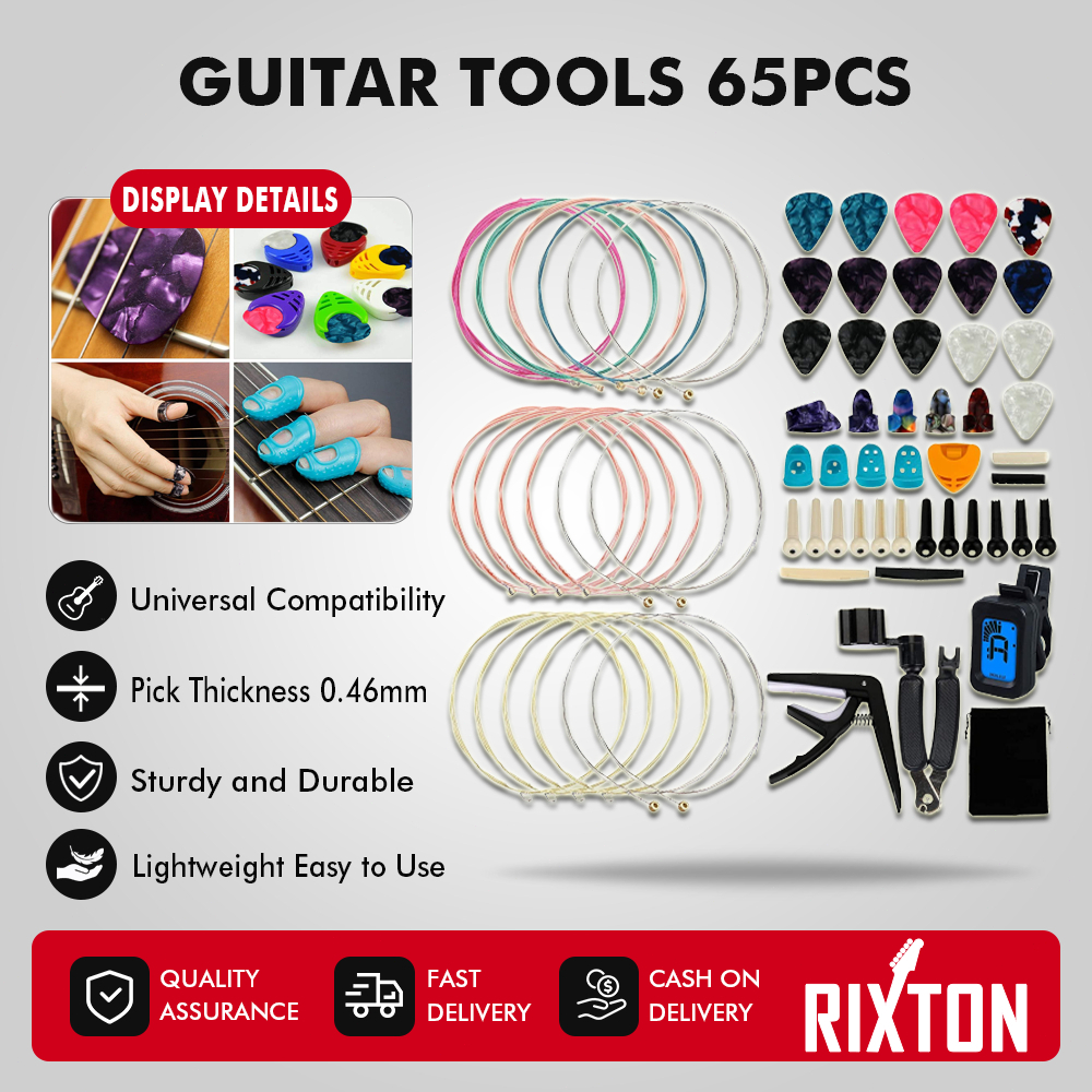 RIXTON Alat Gitar Mengubah Kit 65 Pcs Strings Pick Capo Winder & Cutter Tuner Aksesoris String Kit