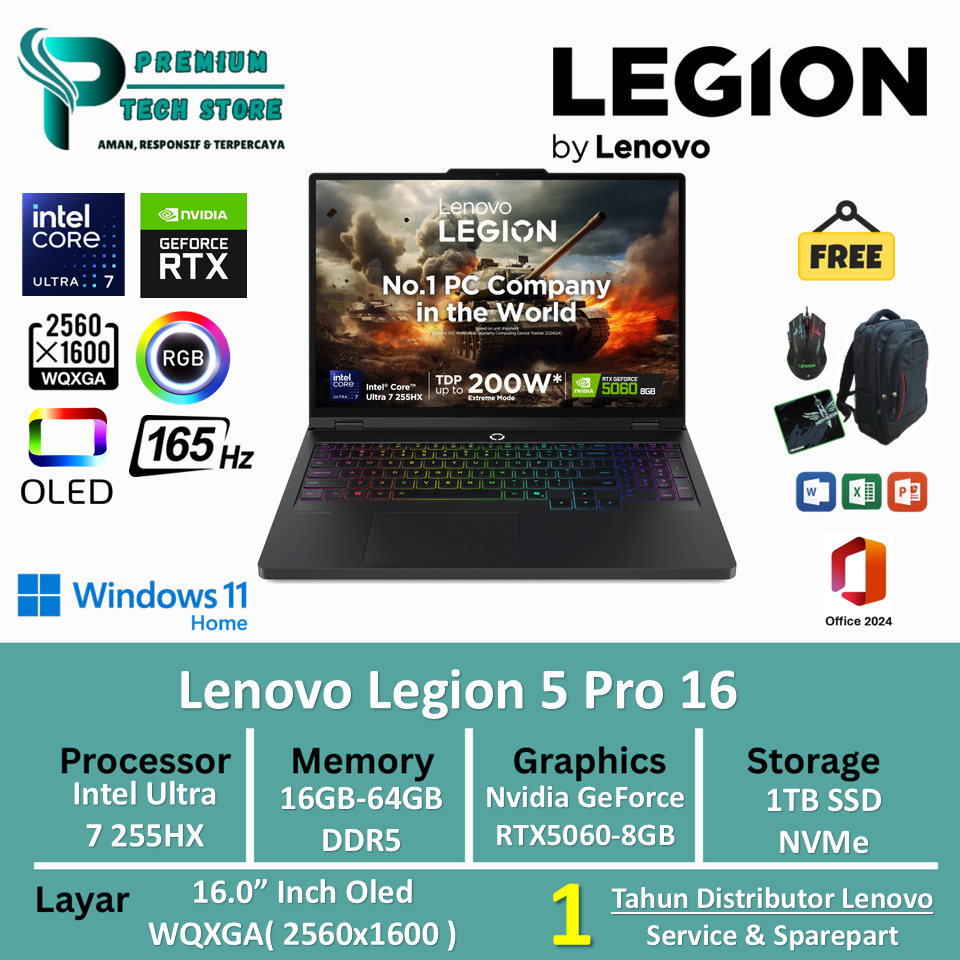 LENOVO LEGION 5 Pro 16 Intel Ultra 7 255HX 64GB 2TB SSD RTX5060 8GB WQXGA Oled 165Hz windows 11 Home