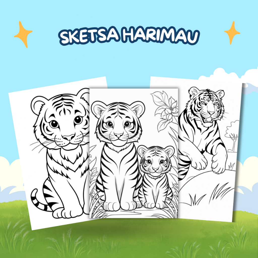 Sketsa Gambar Mewarnai Untuk Anak Paud dan TK Tema Harimau (Random)