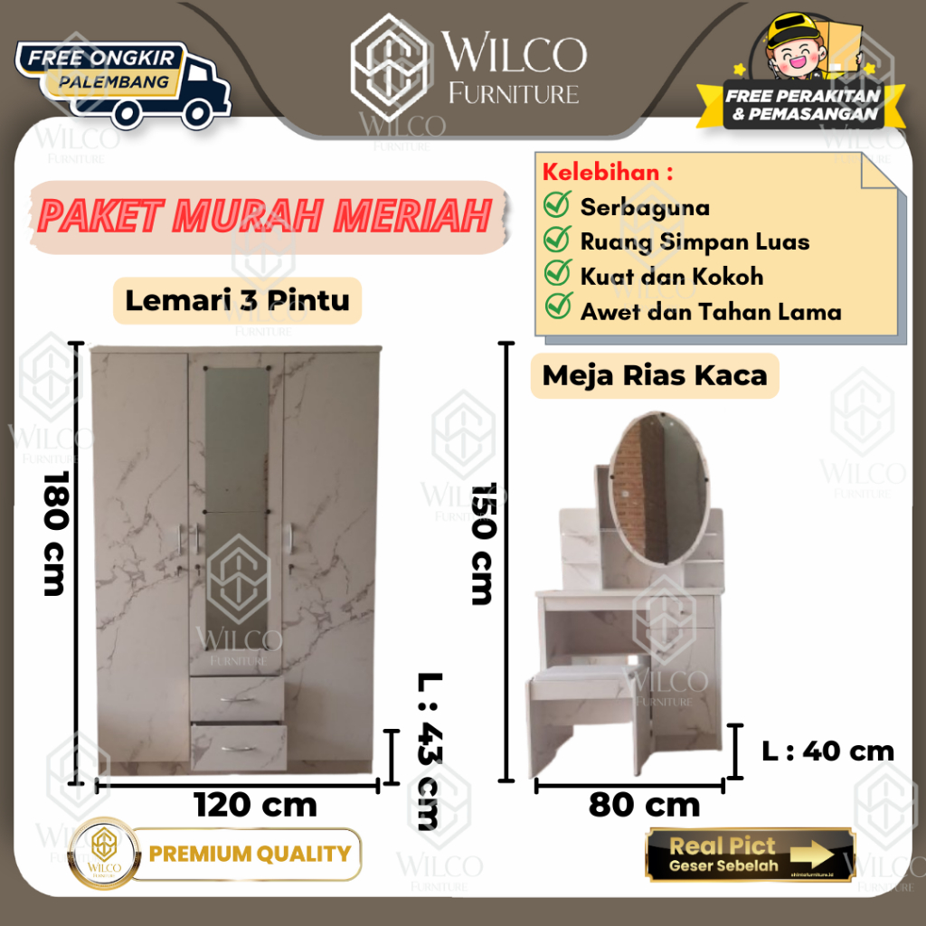 Paket Lemari 3 Pintu dan Meja Rias Kaca | Paket Murah Meriah Lemari 3 Pintu Meja Rias Kaca Bulat