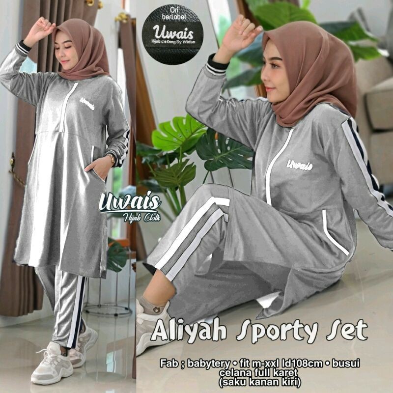Setelan Wanita / Gowes Set Aliyah Sporty Set Tunik & Celana fit M to XXL by Uwais -Light Grey- AOS