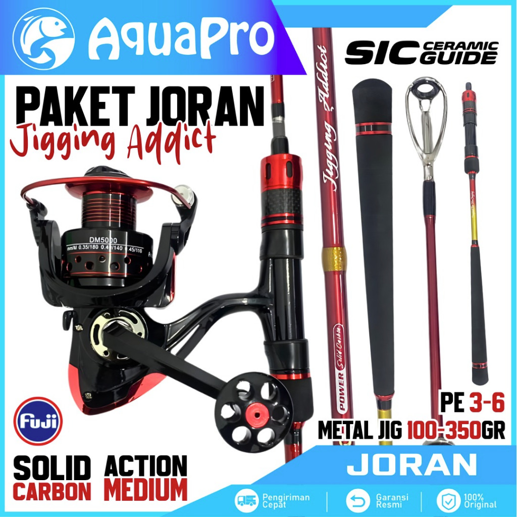 AquaPro Paket Set Joran Jigging Addict 2 Section Carbon Solid Medium Ring Fuji dengan Reel Pancing