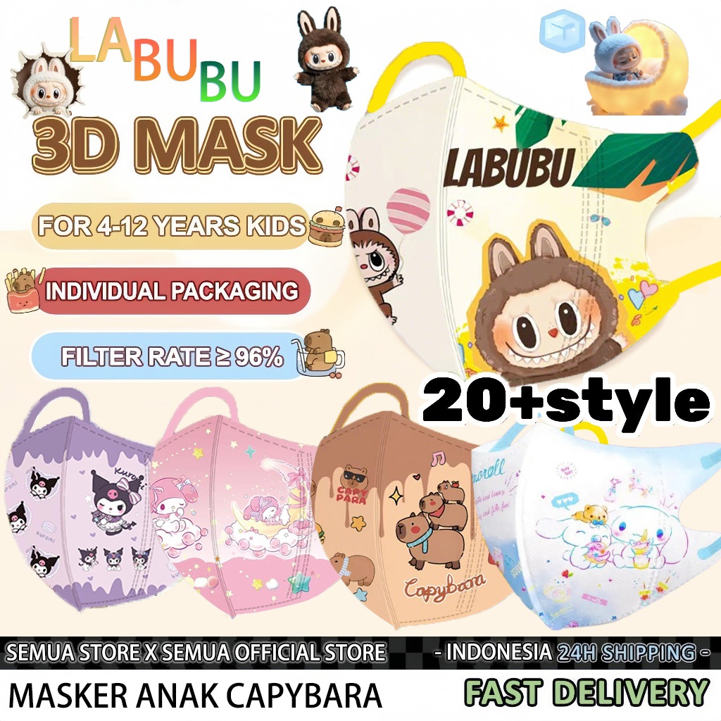 *READY KIRIM CEPAT* Independent Packaging 50PCS 3D Kidids Masker Anak Duckbill Cute Capybara Labubu 