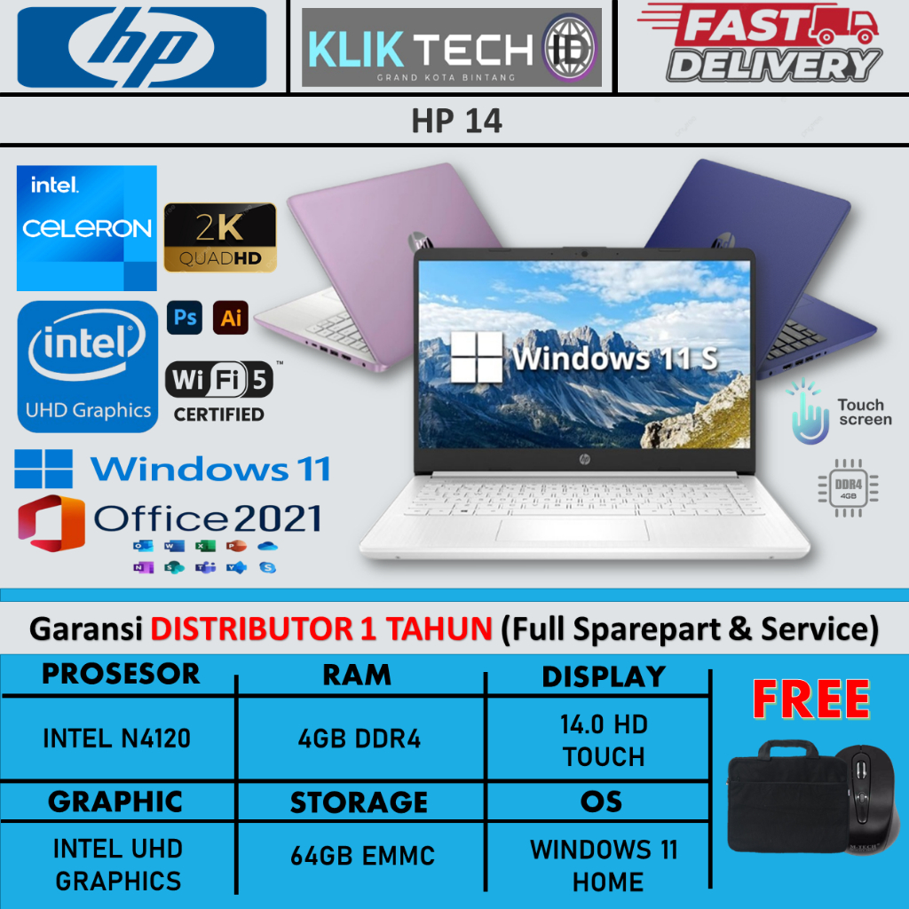 Laptop HP 14 INTEL N4120 4GB 64GB EMMC 14.0 TOUCH WIN11HOME