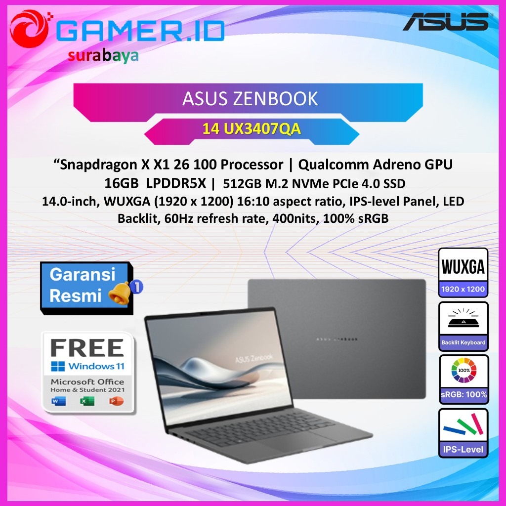 LAPTOP ASUS ZENBOOK 14 UX3407QA SNAPDRAGON X PLUS X126100 16GB 512GB 14.0WUXGA