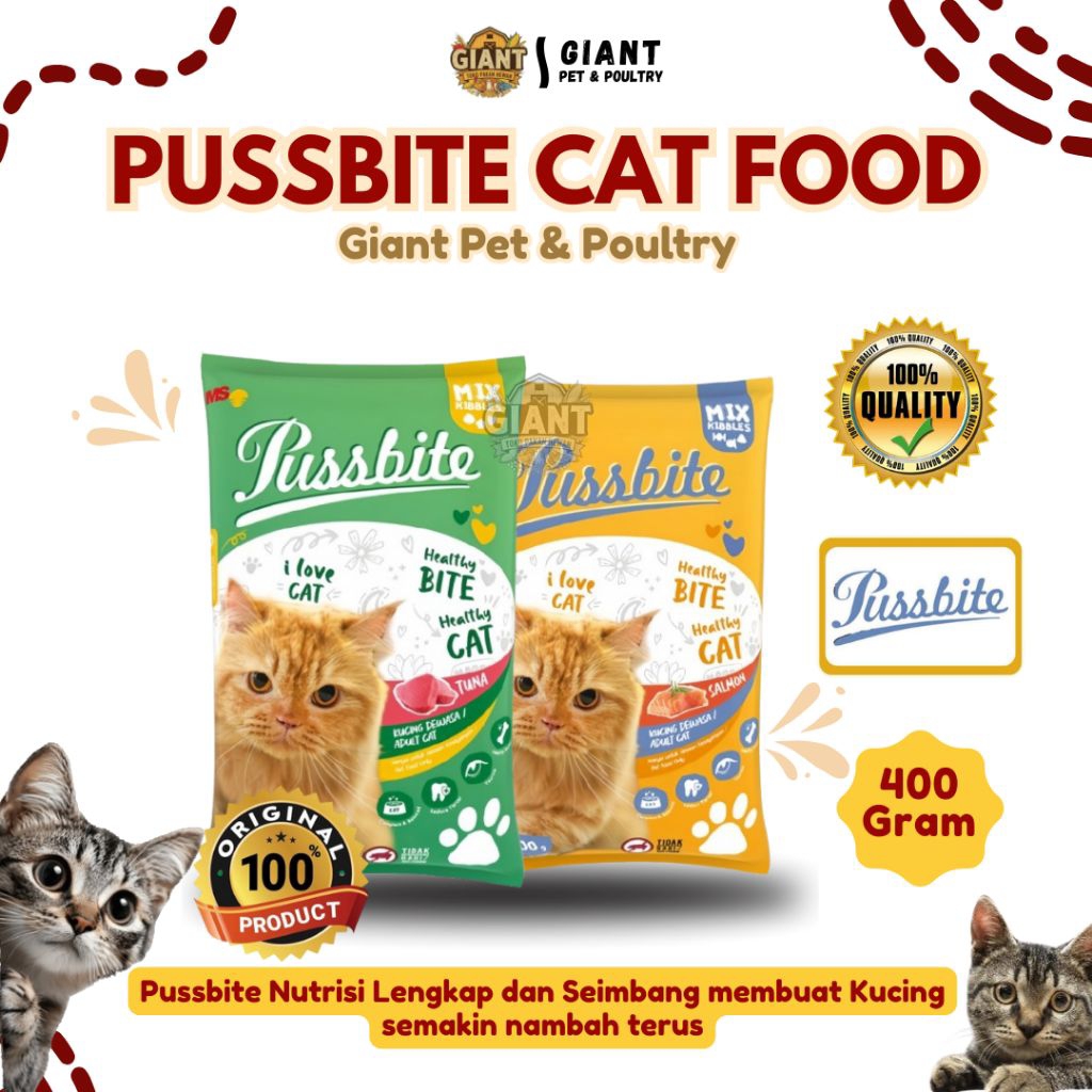 PUSSBITE - Makanan Kucing 400g Freshpack dari Pabrik - Rasa Tuna & Salmon