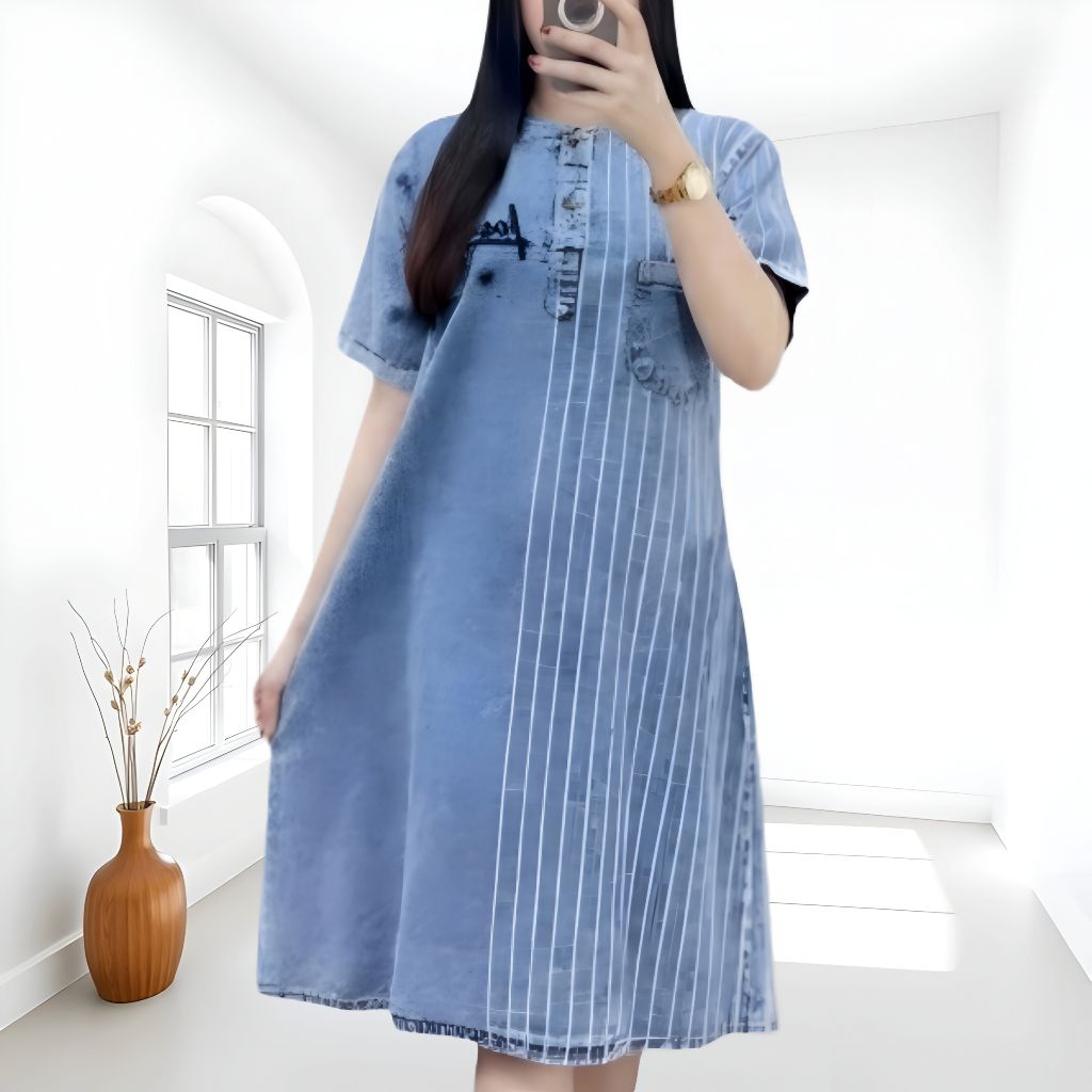 Midi Dress Jeans  Korean Style Lengan Pendek LD 110 Cm