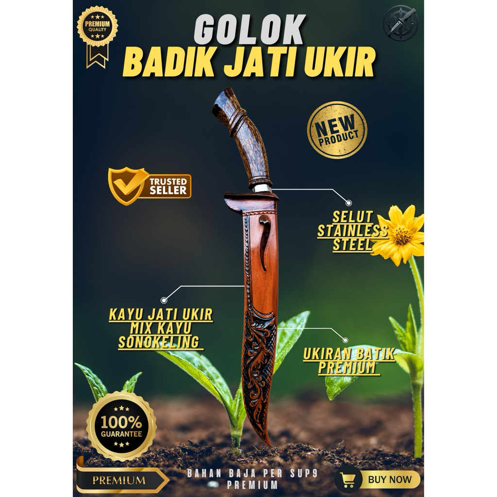 [BAJA PREMIUM] GOLOK KEBUN BADIK JATI UKIR GOLOK BAJA SUPER TAJAM Bahan Baja Per SUP9 Asli Original