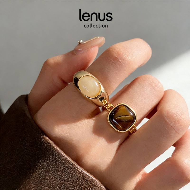 Cincin Wanita Terbuka Batu Alam Imitasi Cincin Titanium Wanita Giok Retro Korea Fashion