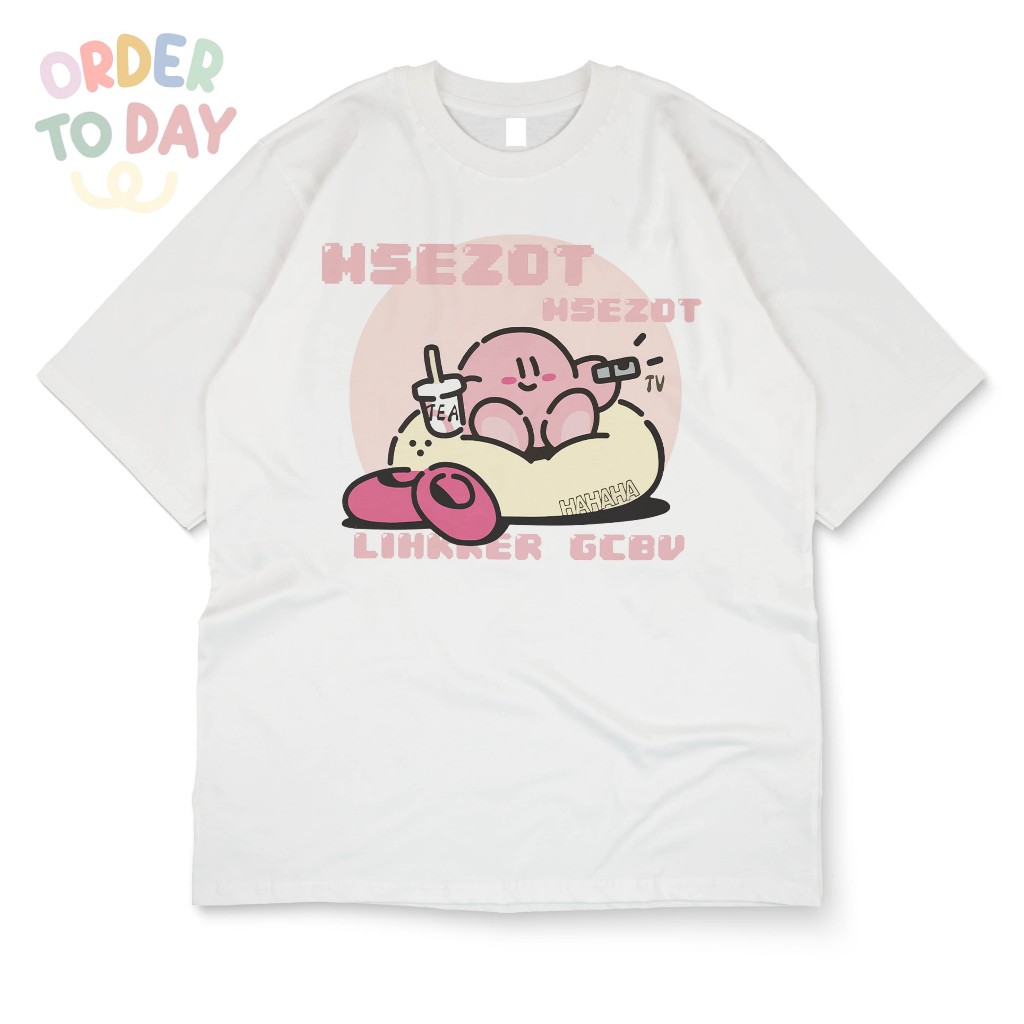 OTD T-shirt Oversize Kirby Watch TV Kaos Pria Wanita Hitam Putih Pink
