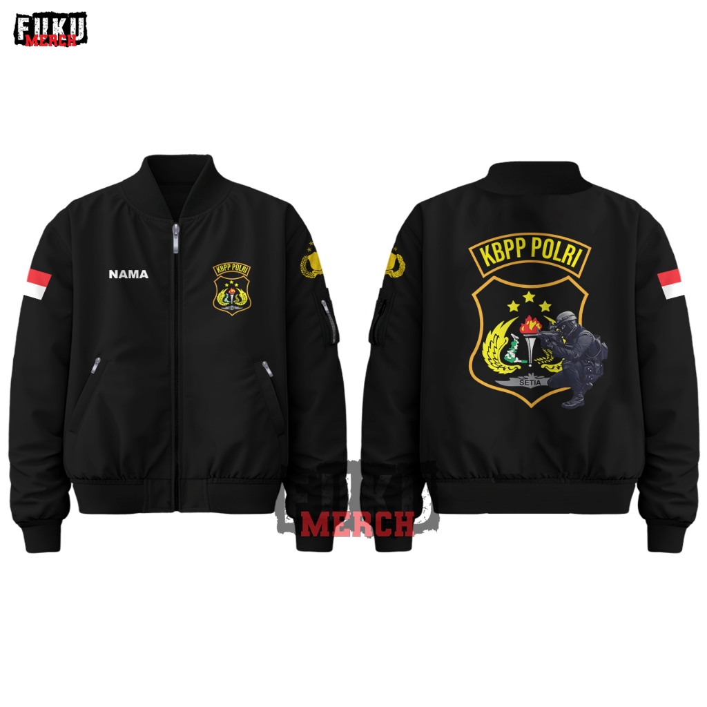 Jaket Bomber Pria KBPP Polri Waterproof Hitam Taslan