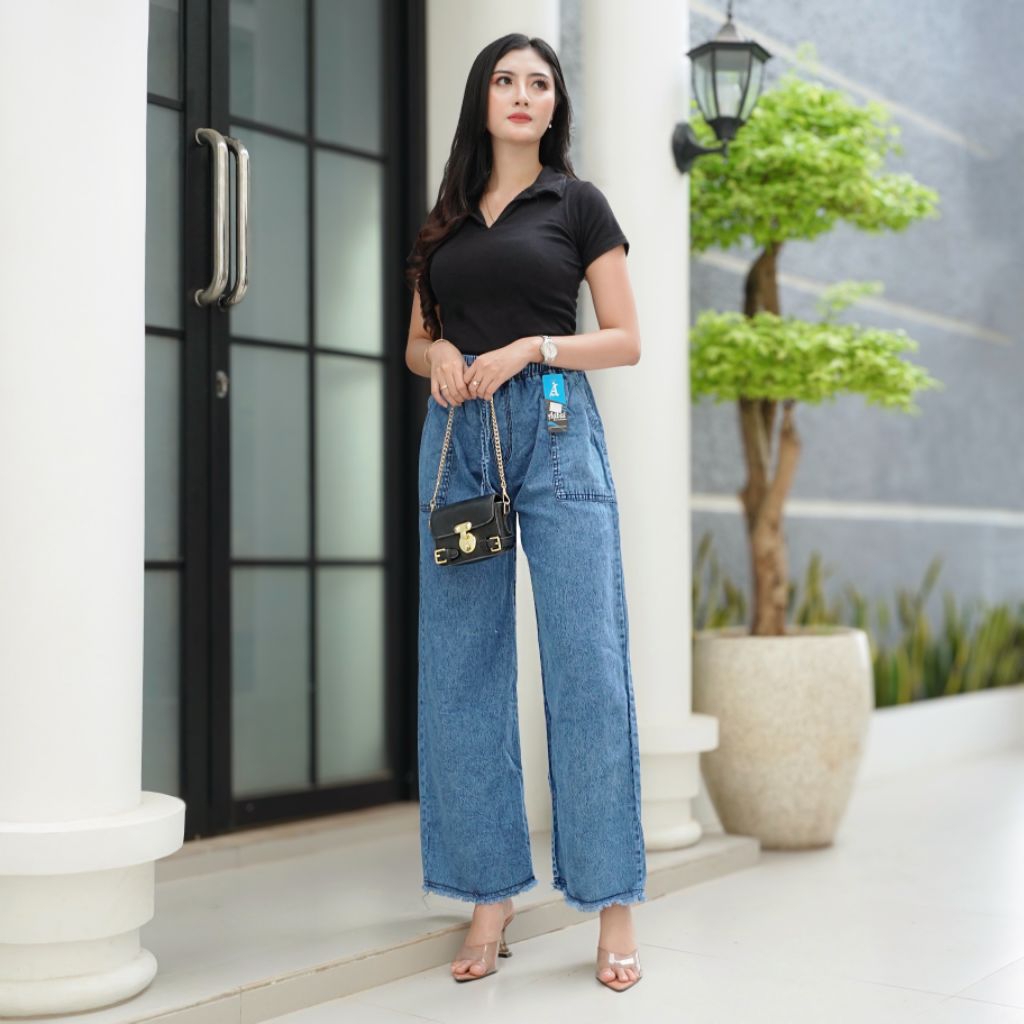 ADBAI-celana kulot jeans wanita BB 45-67 kg/pinggang karet dan saku tempel/rawis kekenian/model kore