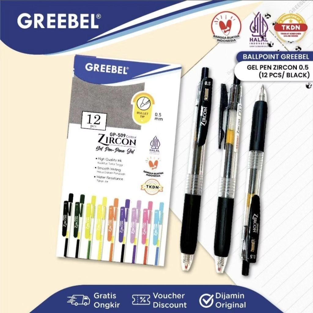 Greebel Pulpen Gel Zircon GP-509 Black 0.5 mm (1 pack isi 12) / Ballpen Gel Zircon 0.5 mm Hitam / Ba