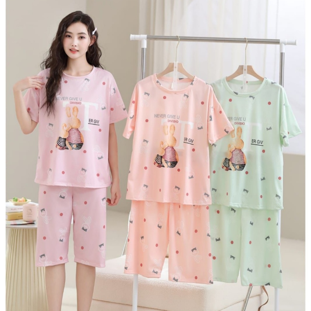 STV Celana 7/8 Baju Tidur Lengan Pendek Bahan kaos Katun Spandek Adem Dan Halus