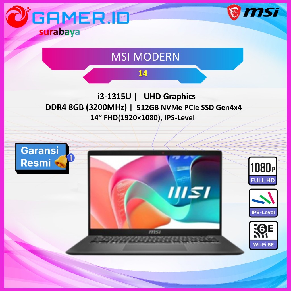 LAPTOP MSI MODERN 14 I3 1315U 8GB 512GB 14.0FHD BLIT IPS