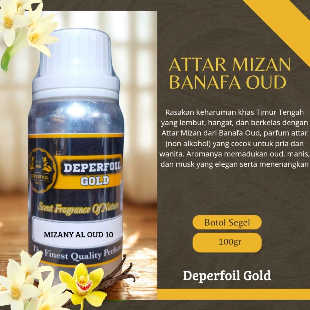 Bibit Parfum Attar Mizan Banafa Oud Original – Parfum Arab Unisex Oud Manis 100gr | deperfoil Gold