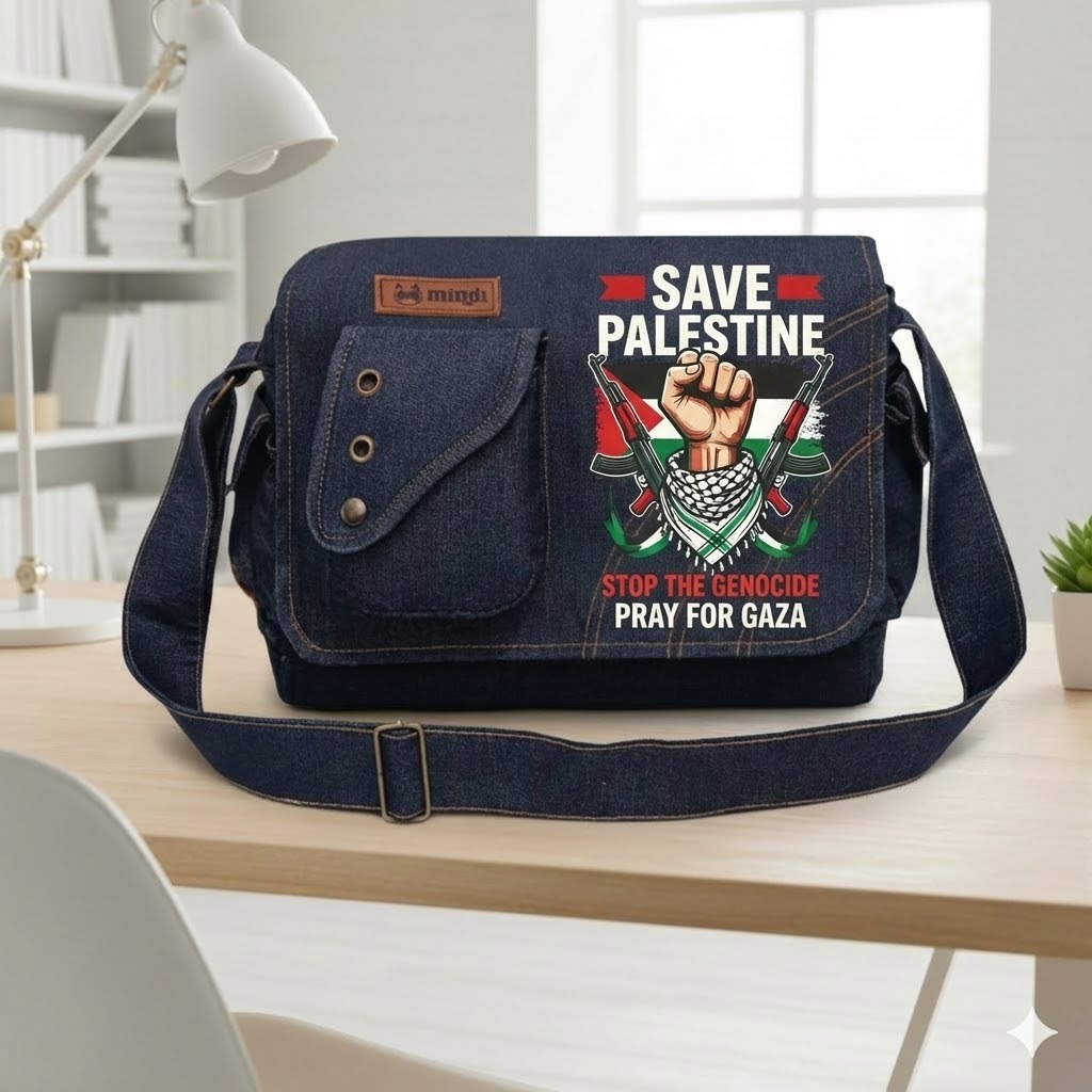 Tas Selempang Pria Distro Bahan Denim Jeans Slempang Cowok Gambar FREE PALESTINE