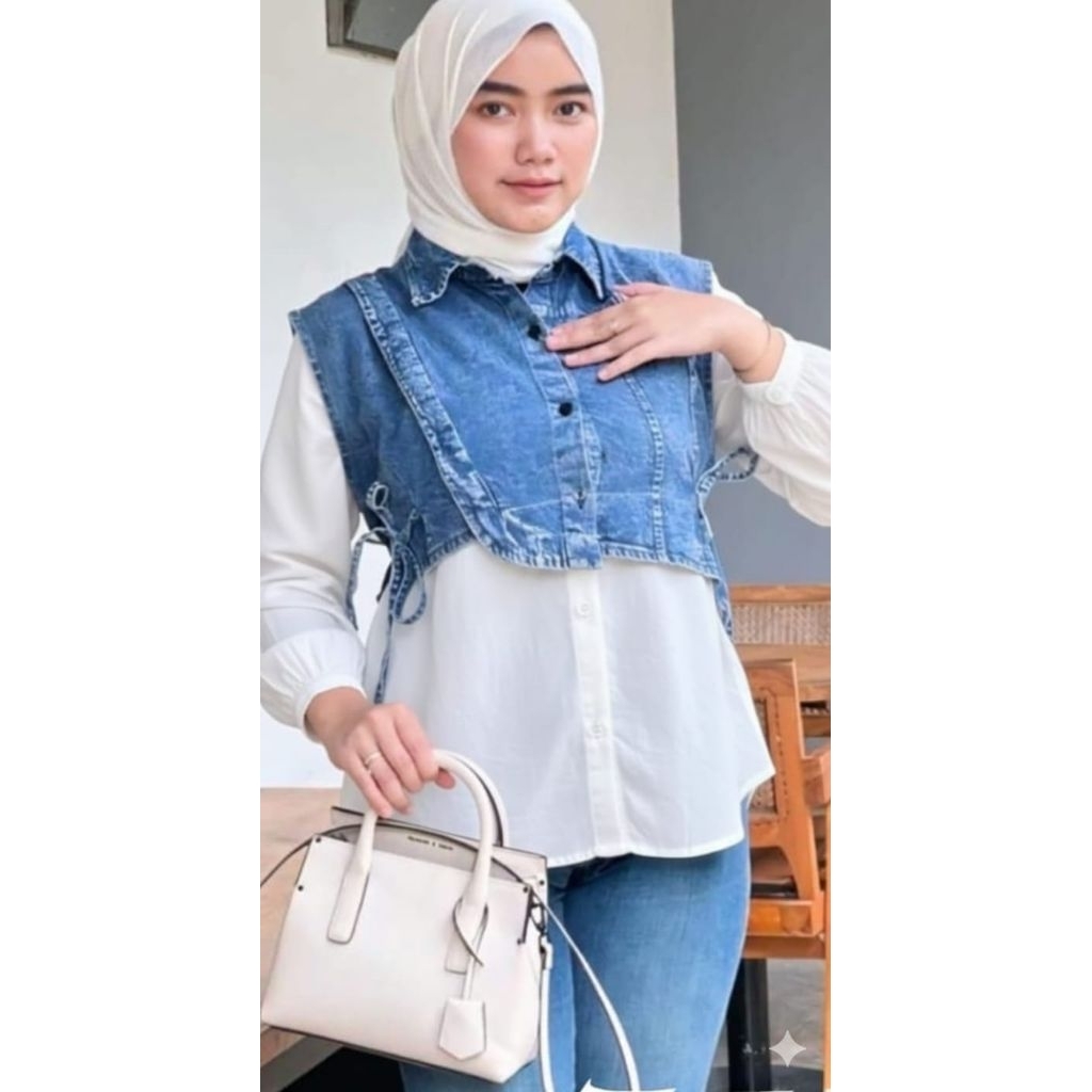 Zefina Kemeja zellin jeans/ Kemeja remix jeans wanita/ kemeja denim jeans wanita/ Kemeja Remix jeans