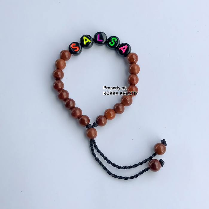 Gelang Nama Anak Bayi Custom Huruf Manik & Kokka Asli Kayu Kaukah Bulat Serut Hitam Coklat Hadiah