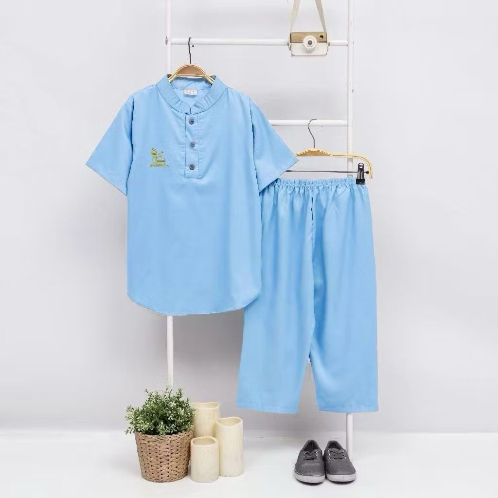 Setelan Baju Koko/Kurta Anak Biru Langit Premium Lengan Pendek | Baju Muslim Polos Bordir Saku | Ker