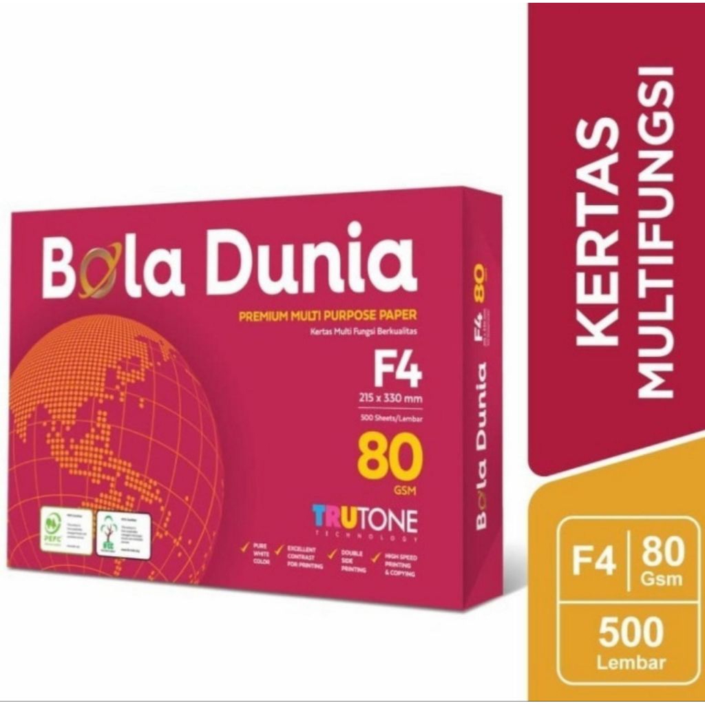 Kertas HVS ukuran F4 80 gsm bola dunia 1 Rim