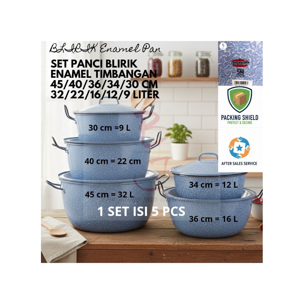 SET 5 Pcs Panci Enamel Jumbo Blirik Tebal Ukuran 30/ 34/ 36/45 Cm Kapasitas 9/ 12/ 16/ 22/ 32 Liter 