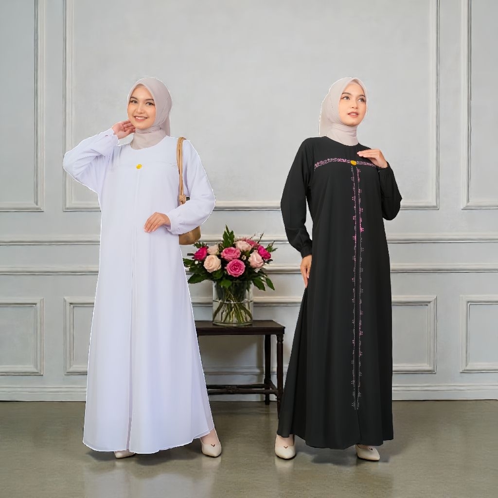 Gamis Polos Hitam Putih Elegan - Ceruty Babydoll Premium: Mewah dan Anggun untuk Setiap Kesempatan