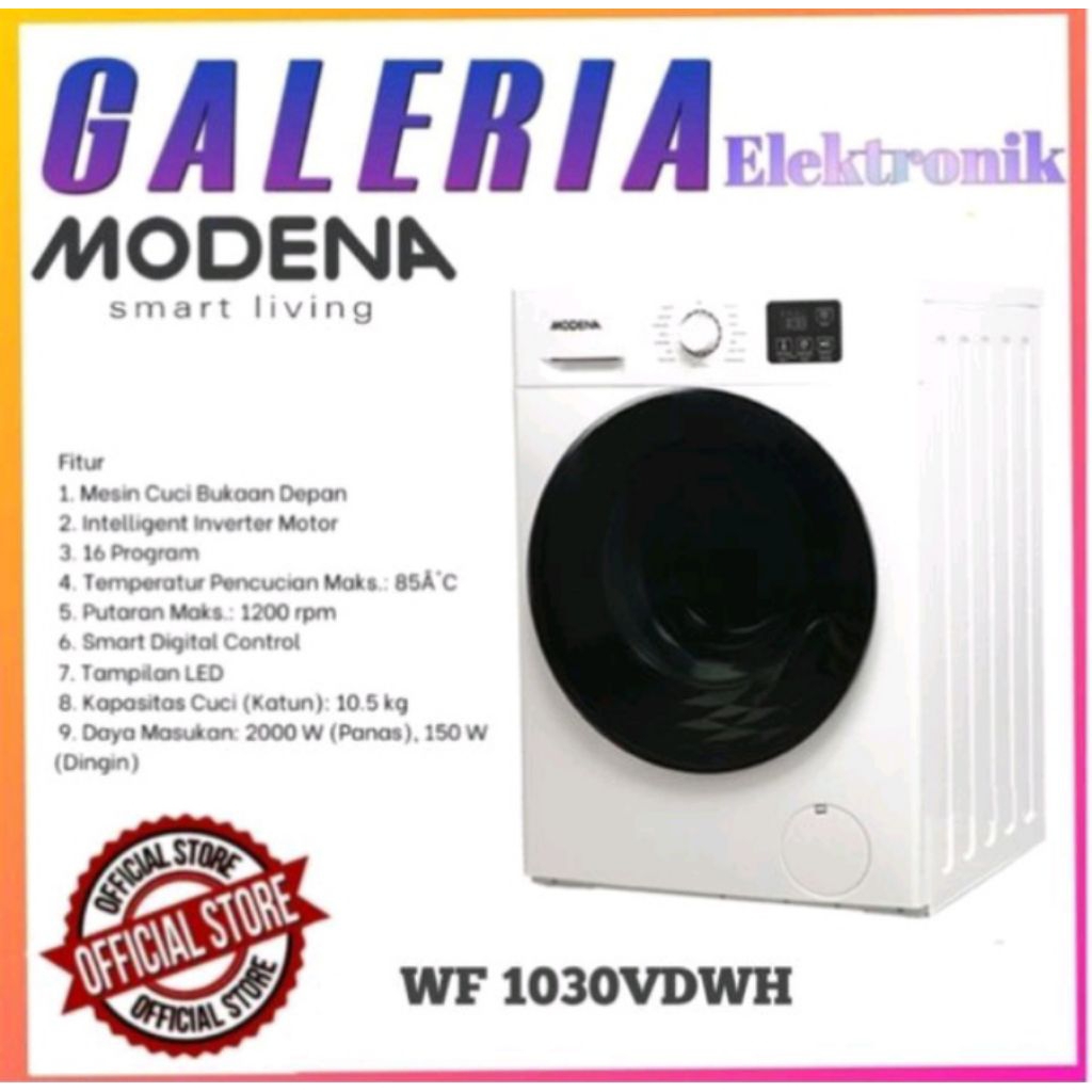 Modena WF 1030 VDWH / WF-1030 VDWH / WF1030VDWH Mesin Cuci Front Loading 10.5Kg