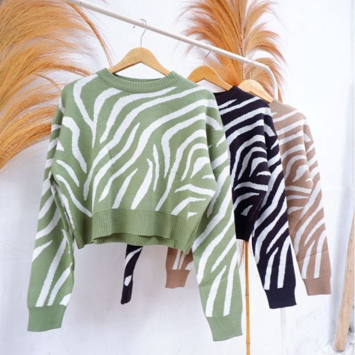 TERMURAH ZEBRA CROP KNIT  - Sweater Rajut Motif Zebra - Rajut Tebal Premium - Sweater Rajut Wanita