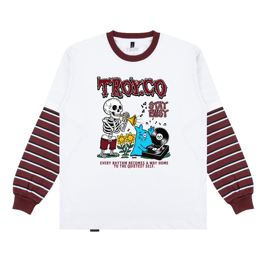 Troy Company Double Sleeve Longsleeve White Maroon Groove Party - Kaos Lengan Panjang Kaos Putih DSD 3489