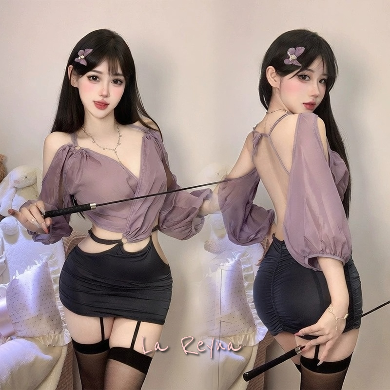 Lareyna Set Lingerie Sexy Dress Transparan Off Shoulder Lengan Panjang LG324