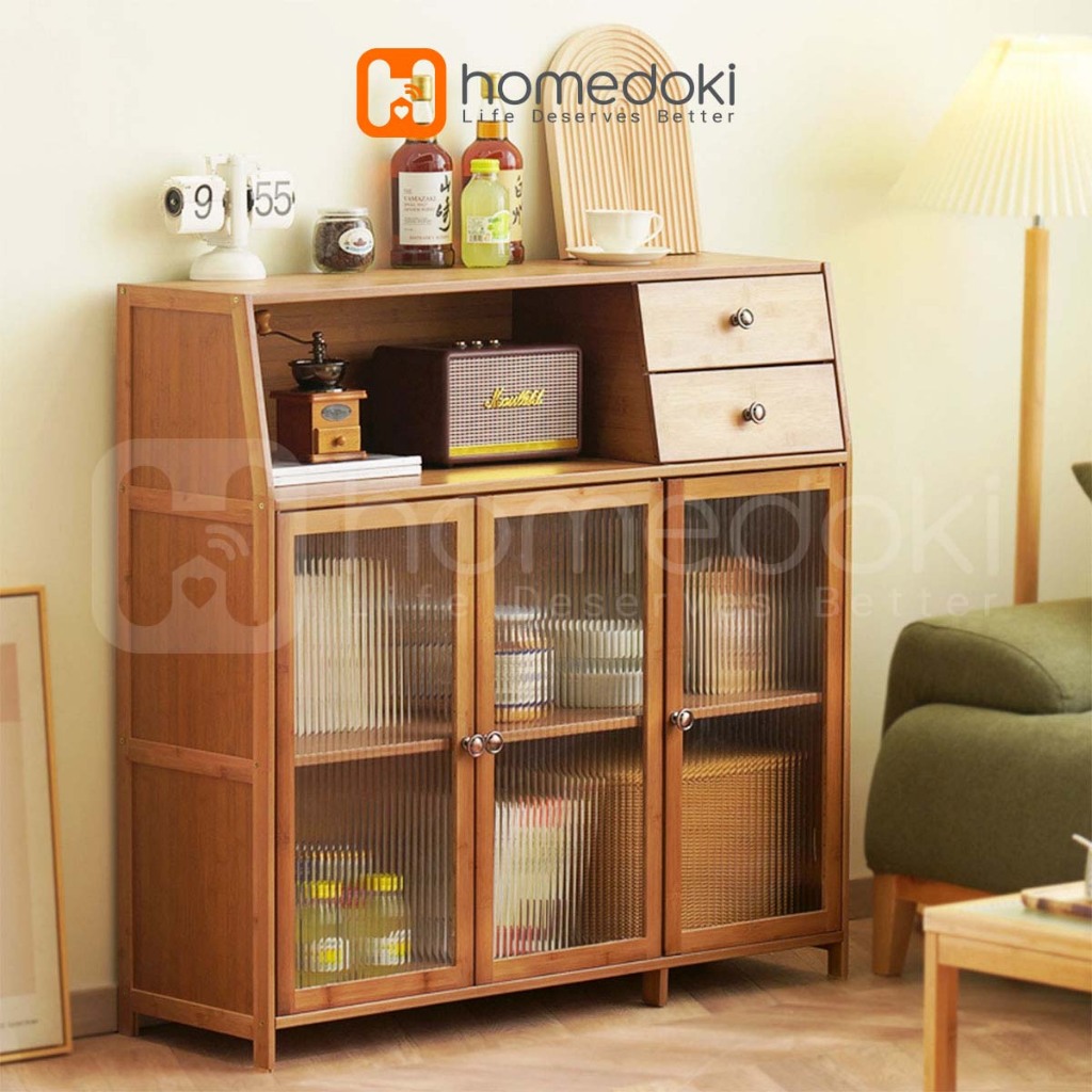 Homedoki Lemari Kabinet Kayu Minimalis/Lemari Dapur Bufet/Rak Piring Tertutup/Rak Dapur Co