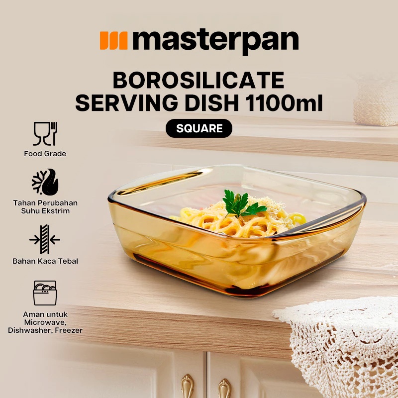 Master Pan Mangkok Saji Kaca Kotak Serbaguna Coklat Bening 1100 ml Master Glass Food Grade