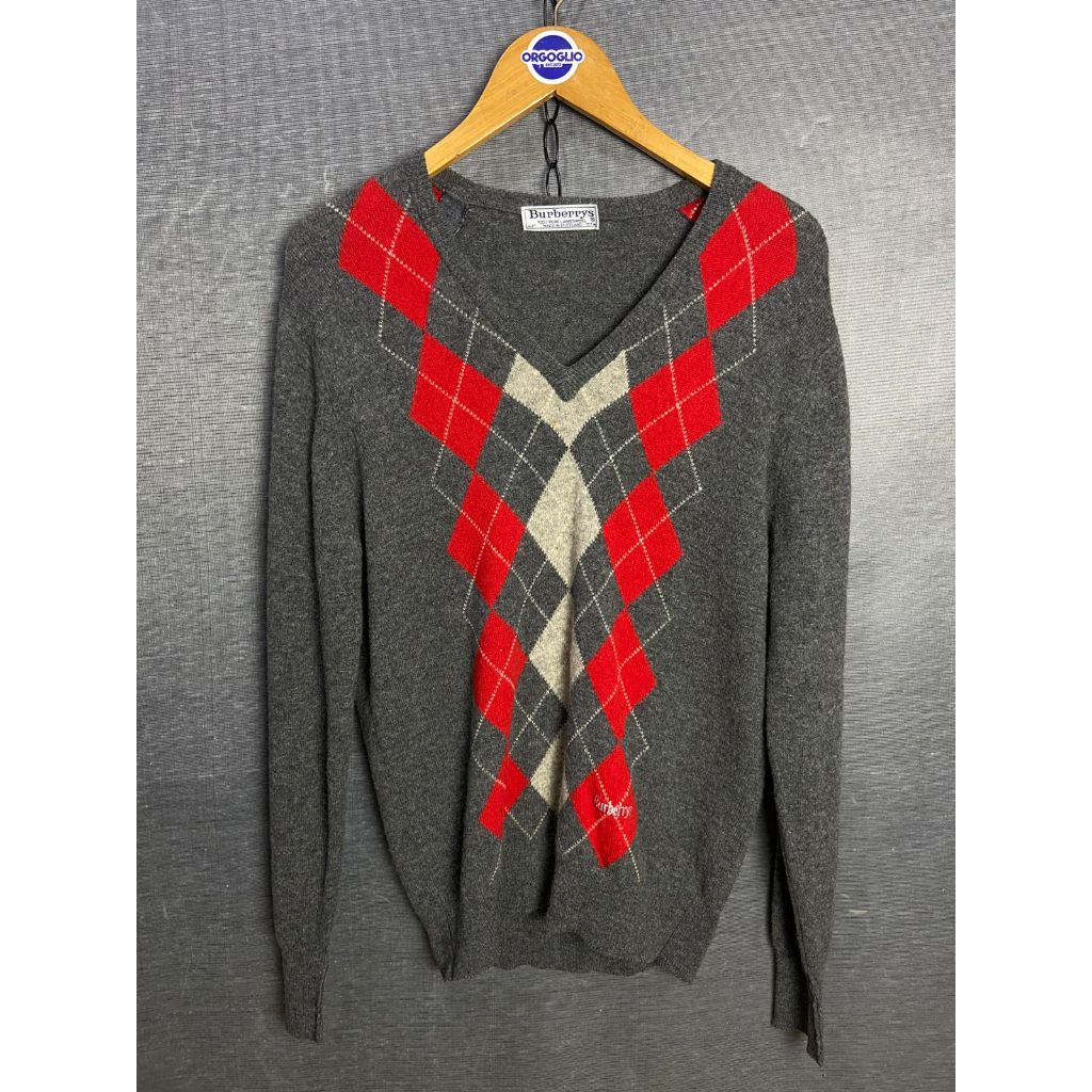 BURBERRYS V-neck Argyle Motif Vintage (L) USED, Originals OHQ43