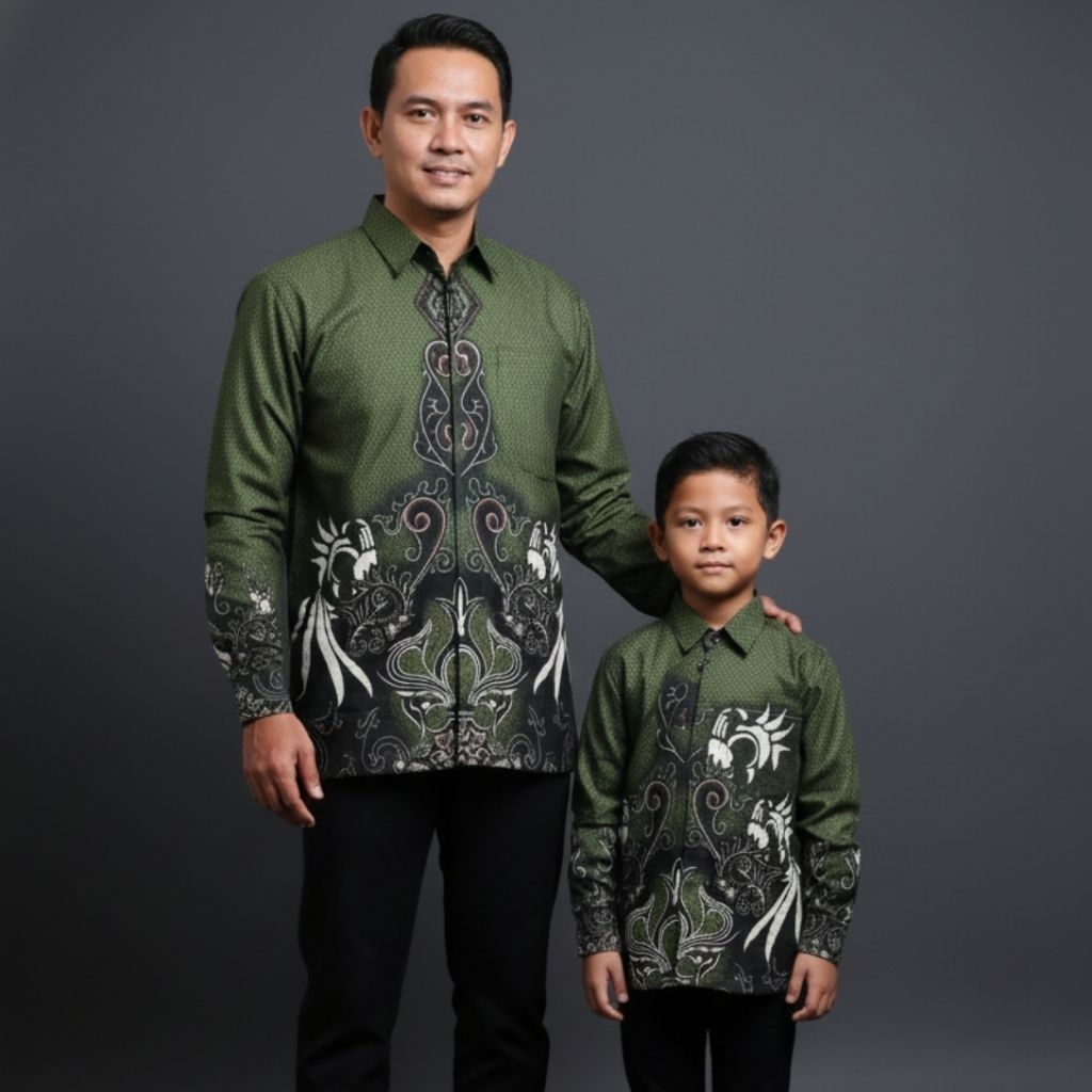 BATIK COUPLE SERAGAMAN SARIMBIT BAPAK DAN ANAK KATTUN SOLO FURING HIJAU LUMUT