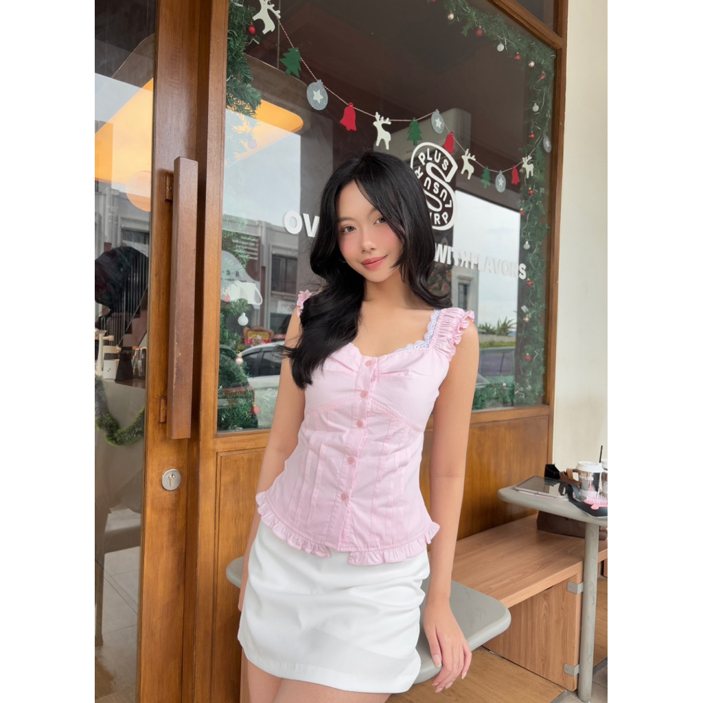 Angel Lace Top | Baby Pink Butter Yellow | Fitted Top Cute Trendy Katun Milkmaid Babydoll Button Up 