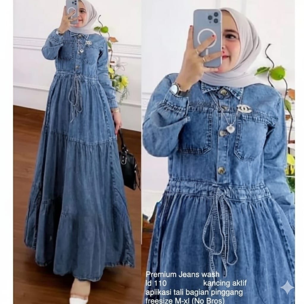 NADIRA MAXY ABAYA GAMIS JEANS SNOW TALI SERUT JEANS WANITA KEKINIAN