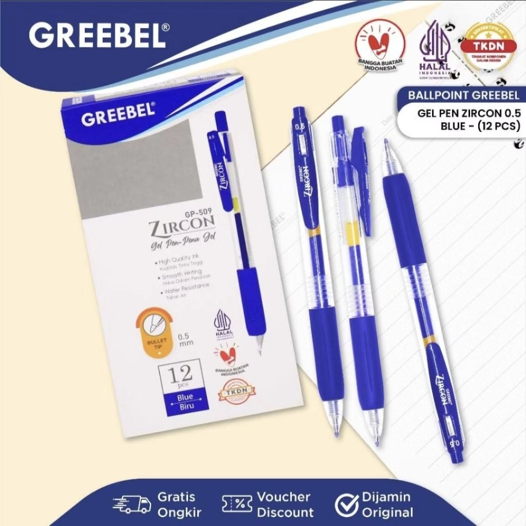 Greebel Pulpen Gel Zircon GP-509 Blue 0.5 mm (1 pack isi 12) / Ballpen Gel Zircon 0.5 mm Biru / Ball