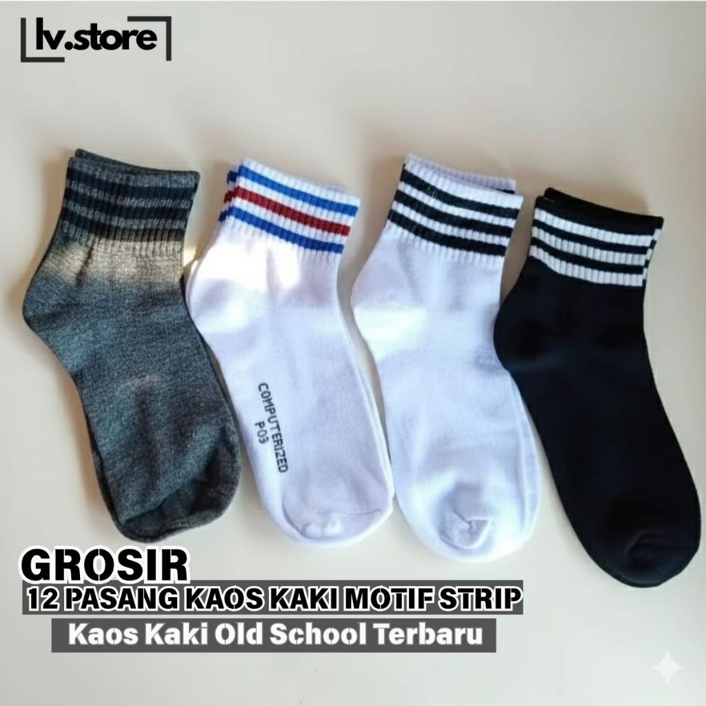 LvStore Grosir 12 Pasang Kaos kaki pendek motif  stripe/ Kaos Kaki Old School Terbaru