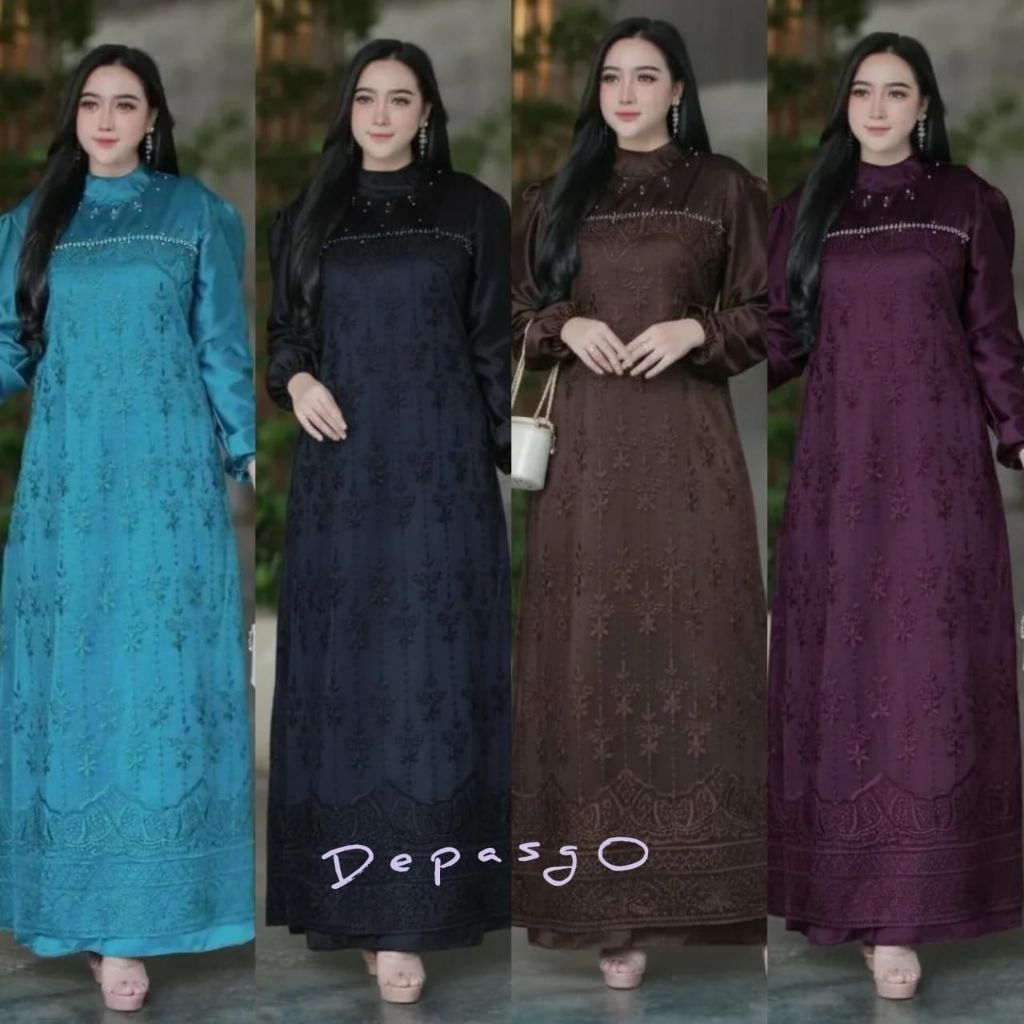 Rianti Dress Gamis Satin Burkat Mewah Nyaman Aplikasi Payet Mutiara Gamis Kondangan Wanita Depasgo