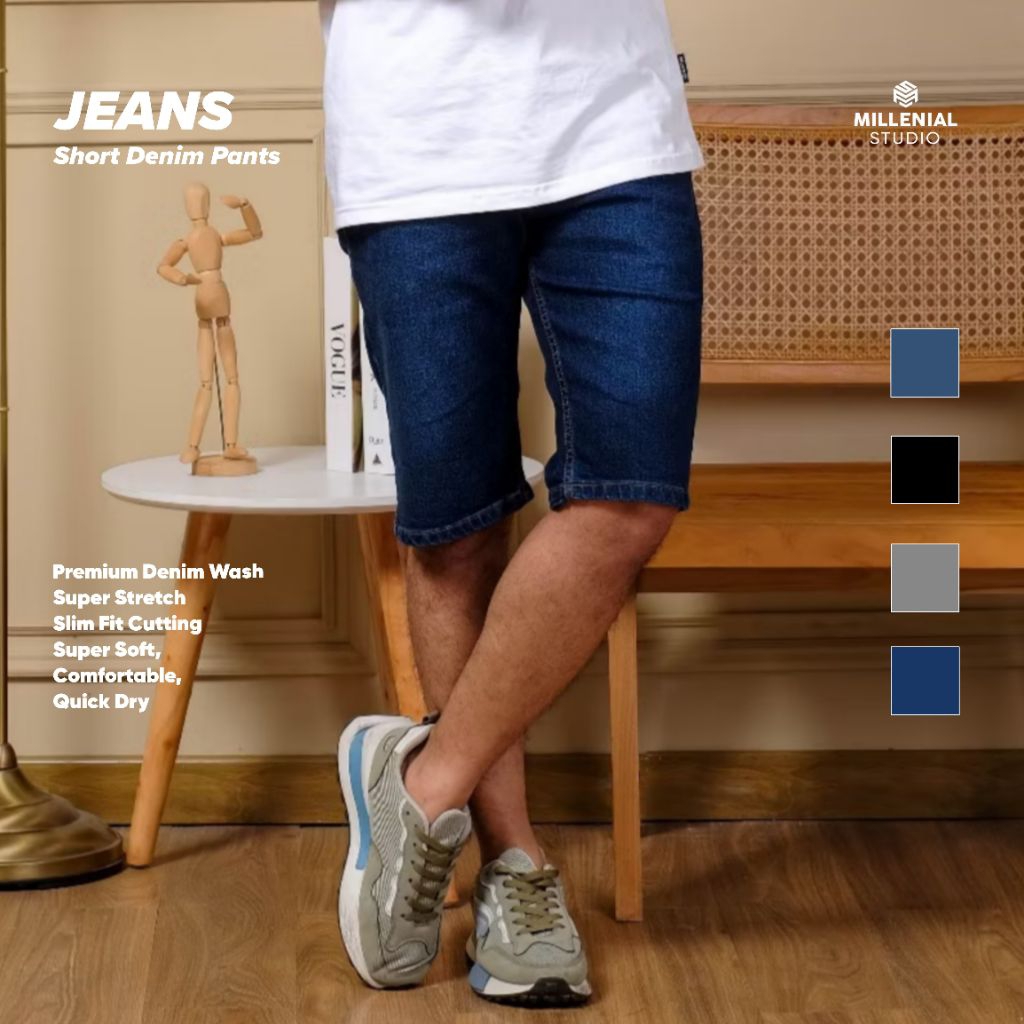 Millenial X BAPIN Celana Pendek Jeans Pria I Short Denim Pants Slimfit I Celana Santai Bahan Denim